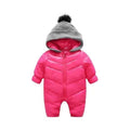 Pink hooded puffer romper snowsuit with grey knit pom-pom hood for babies