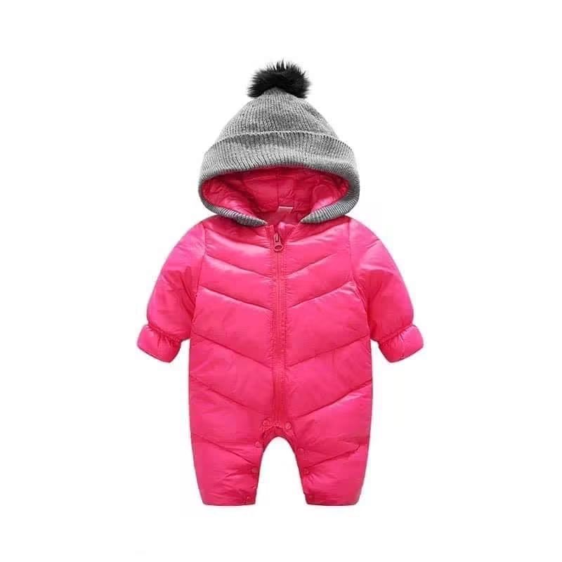 Pink hooded puffer romper snowsuit with grey knit pom-pom hood for babies