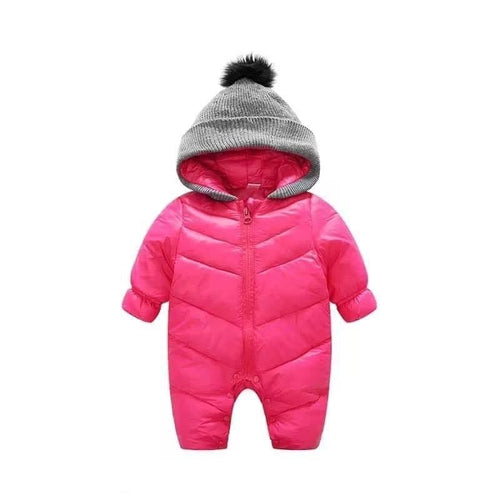 Pink hooded puffer romper snowsuit with grey knit pom-pom hood for babies