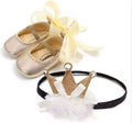 Gold baby ballet shoes with satin ribbons and matching glitter crown headband