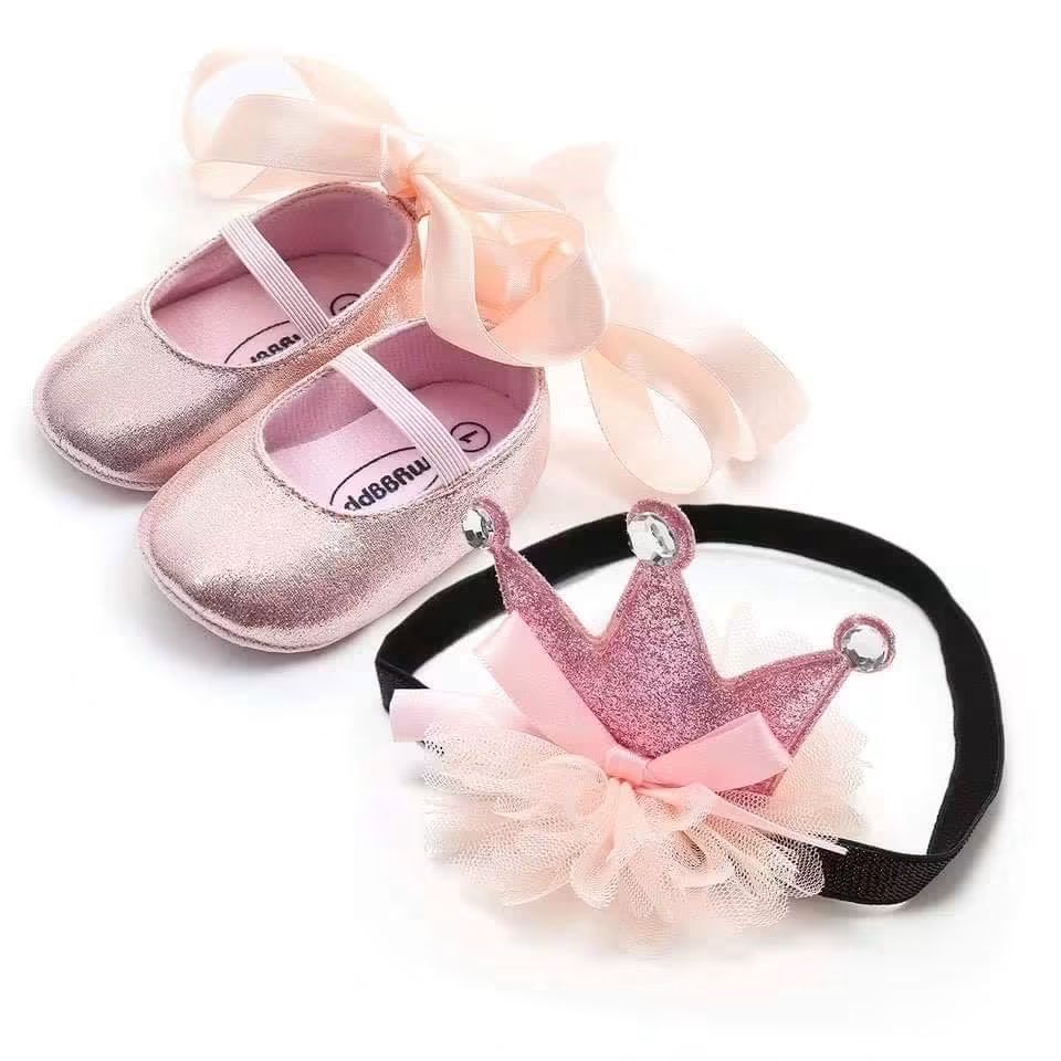 Pink baby ballet shoes with satin ribbons and matching glitter crown headband
